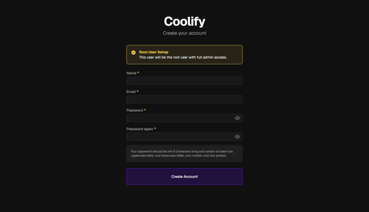 Coolify のルートアカウント作成画面