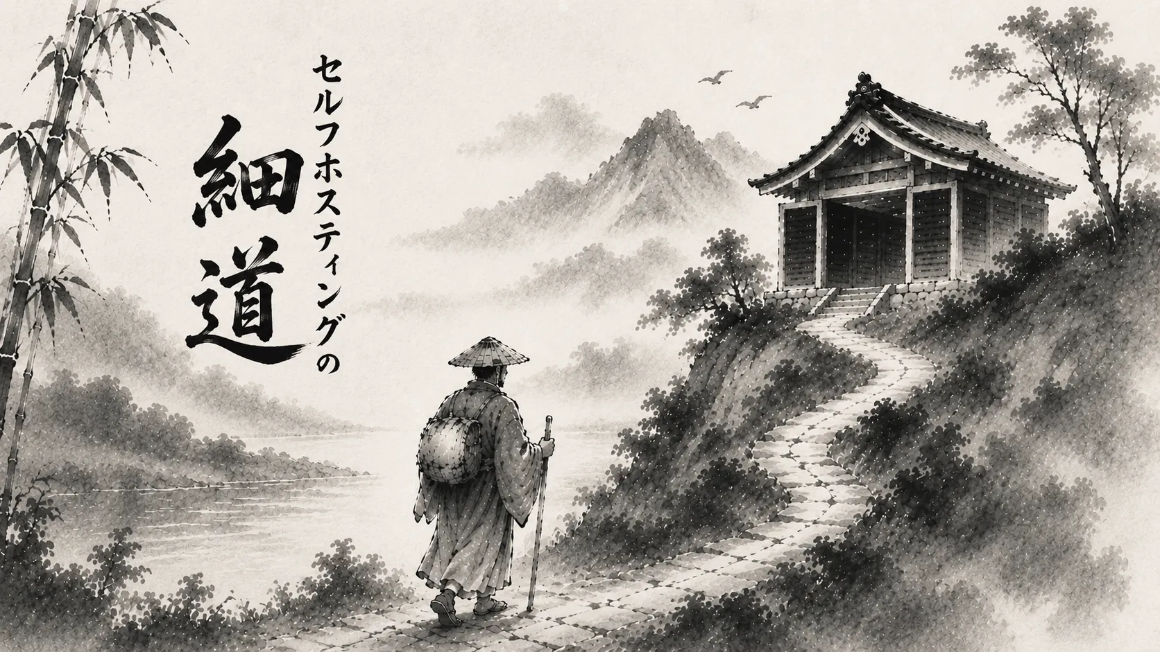 墨絵風の風景。旅人が細道を歩き、書に「セルフホスティングの細道」とある